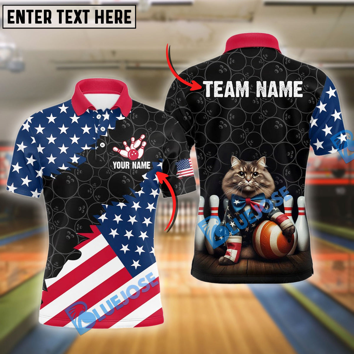 BlueJose Bowling Patriotic Cat Customized Name, Team Name 3D Shirt