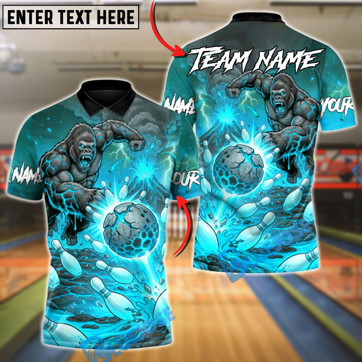 BlueJose Bowling & Pins Electric Gorilla Dominator of the Arena Customized Name, Team Name 3D Shirt (6 Colors)