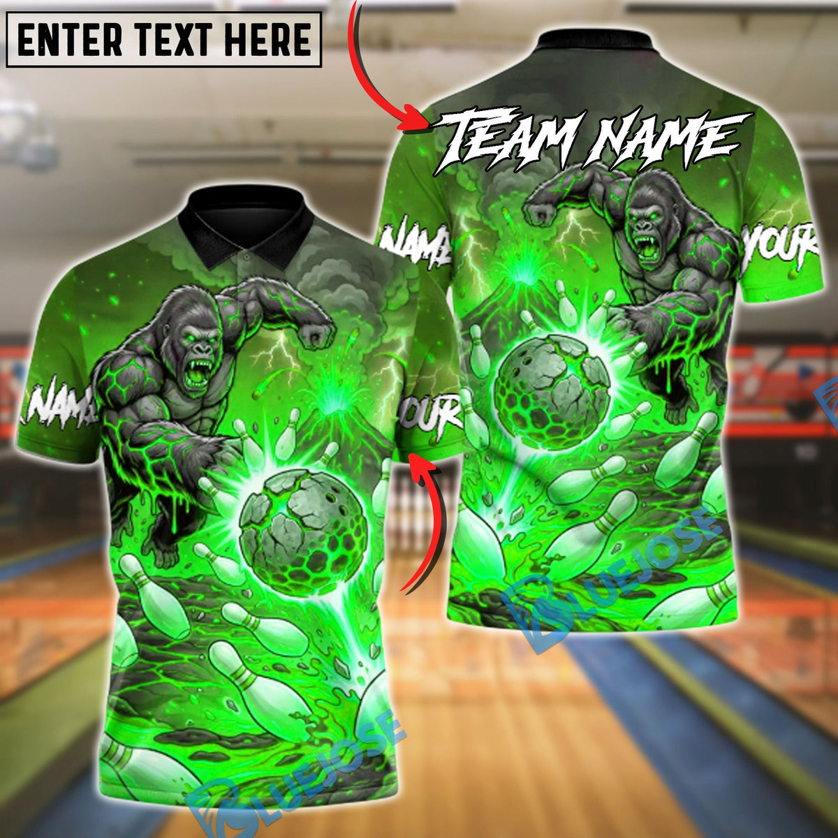 BlueJose Bowling & Pins Electric Gorilla Dominator of the Arena Customized Name, Team Name 3D Shirt (6 Colors)