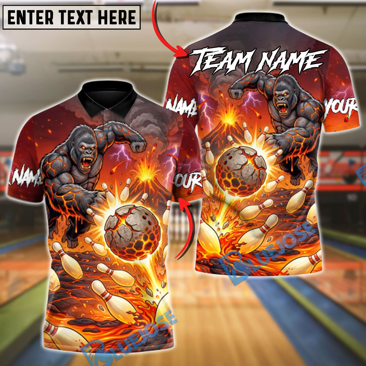 BlueJose Bowling & Pins Electric Gorilla Dominator of the Arena Customized Name, Team Name 3D Shirt (6 Colors)