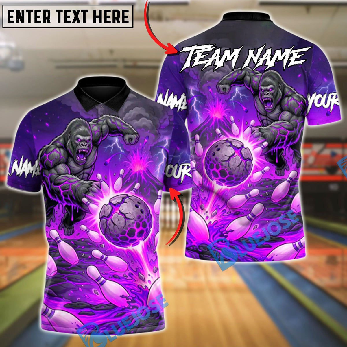 BlueJose Bowling & Pins Electric Gorilla Dominator of the Arena Customized Name, Team Name 3D Shirt (6 Colors)