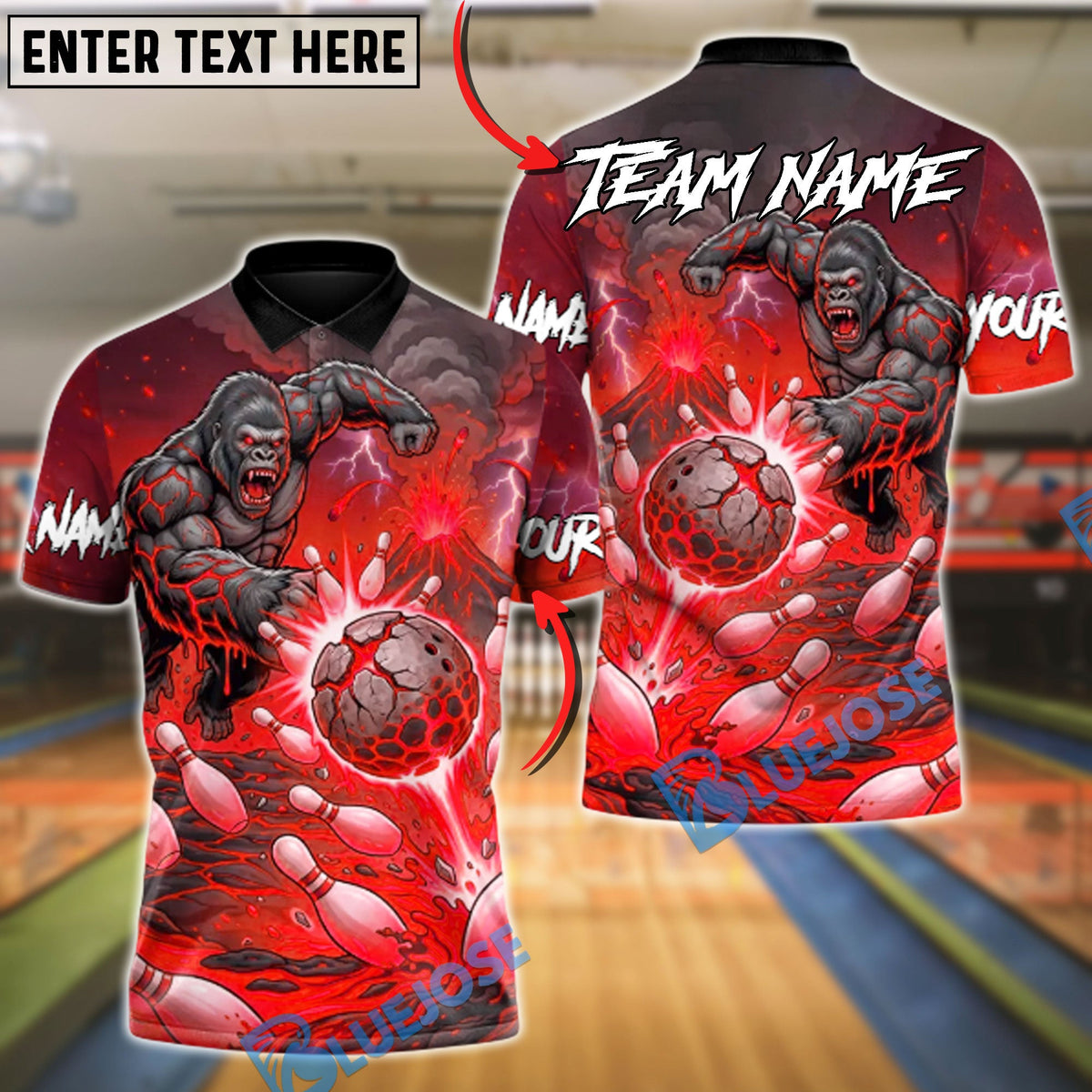 BlueJose Bowling & Pins Electric Gorilla Dominator of the Arena Customized Name, Team Name 3D Shirt (6 Colors)