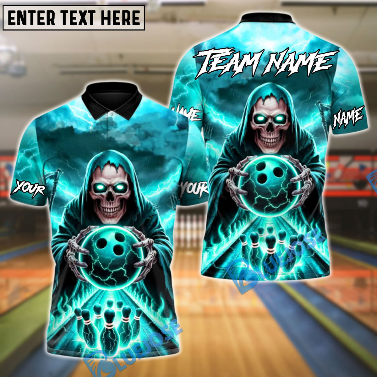 BlueJose Bowling And Pins Hellfire Strike Customized Name, Team Name 3D Shirt (4 Colors)