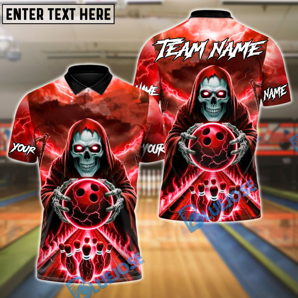 BlueJose Bowling And Pins Hellfire Strike Customized Name, Team Name 3D Shirt (4 Colors)