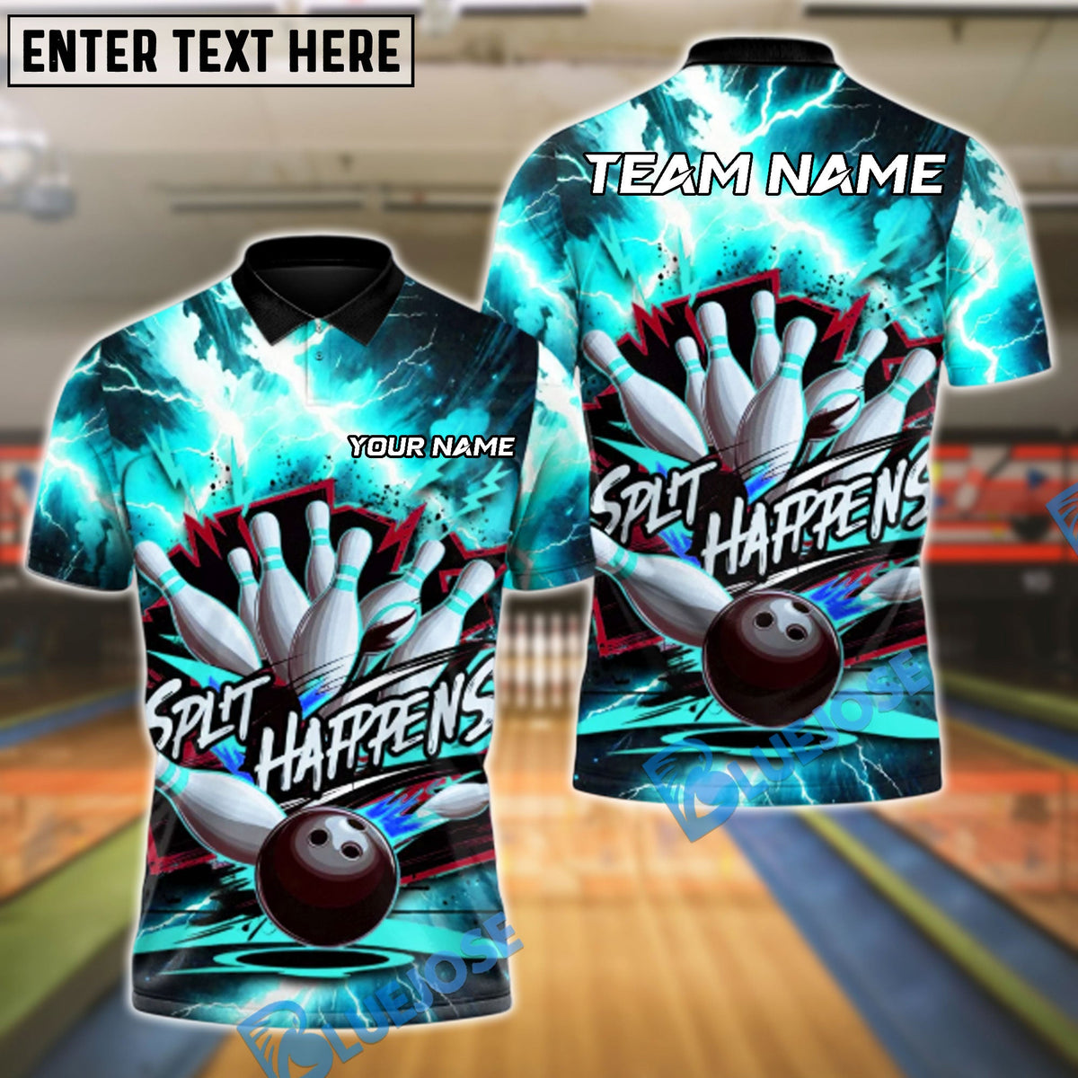 BlueJose Bowling And Pins Thunder Split Happens Customized Name, Team Name 3D Shirt (4 Colors)