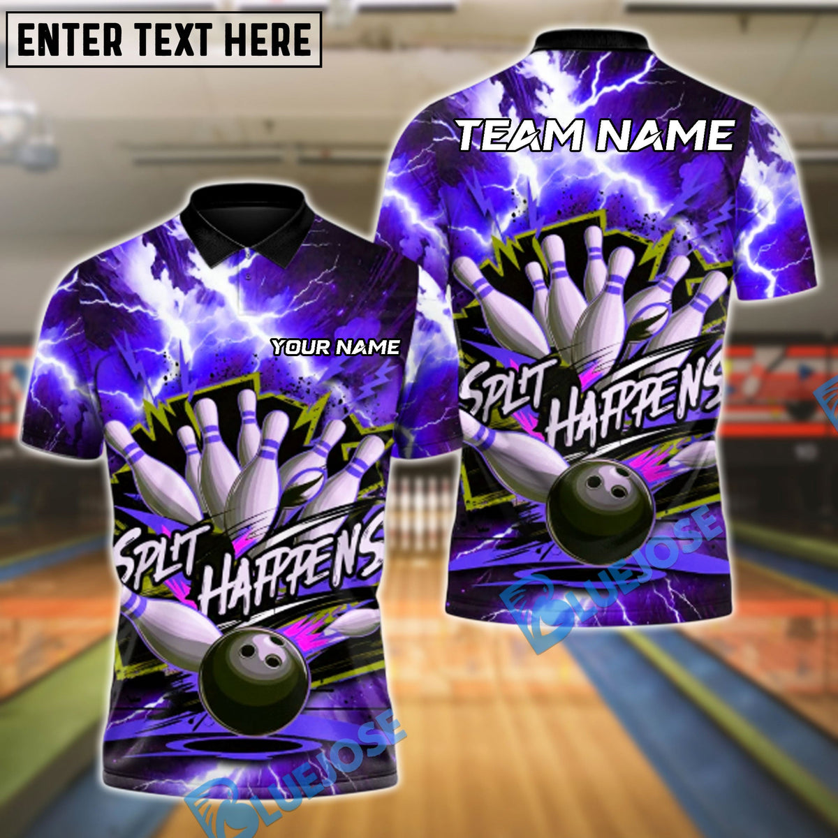 BlueJose Bowling And Pins Thunder Split Happens Customized Name, Team Name 3D Shirt (4 Colors)