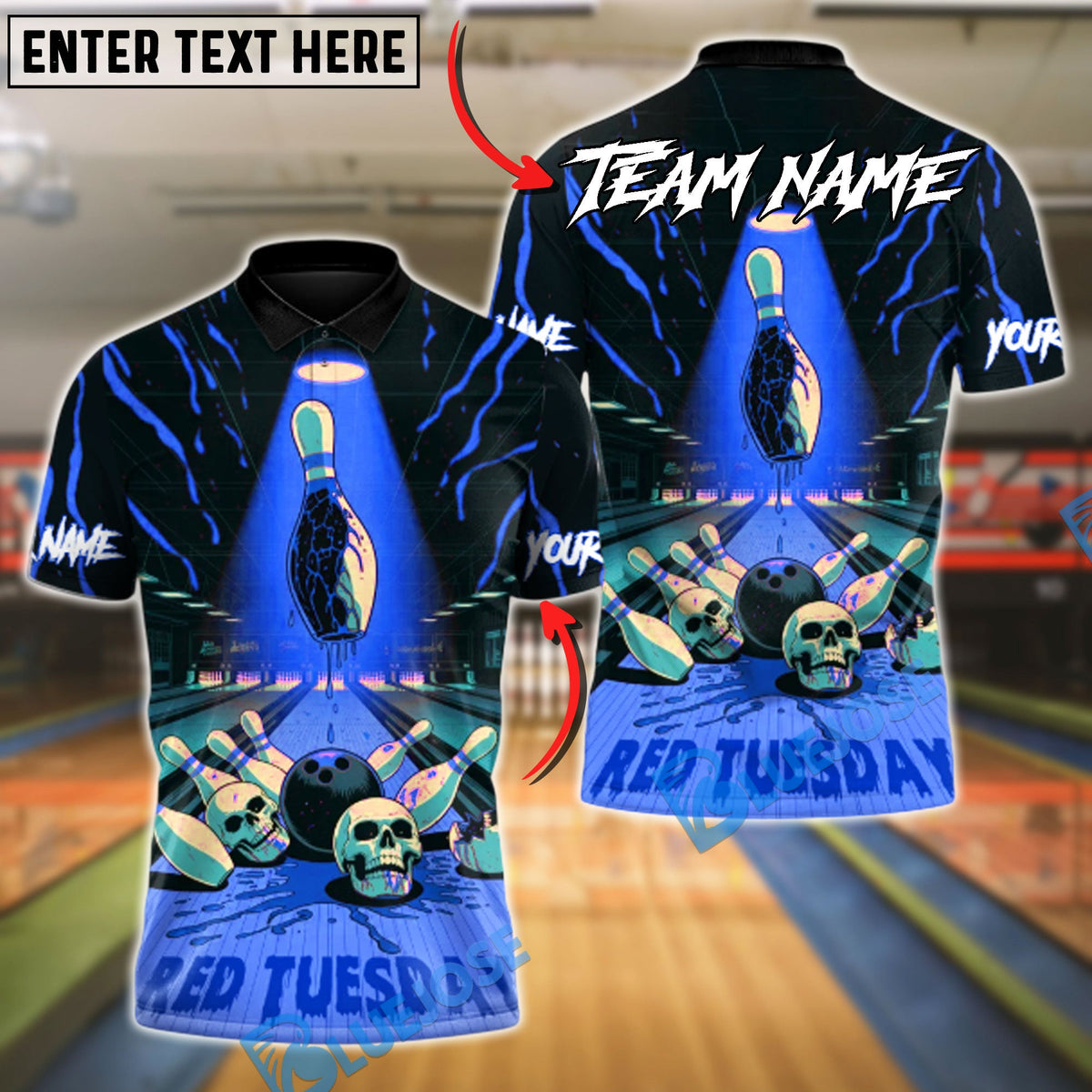 BlueJose Bowling And Pins Red Tuesday Horror Customized Name, Team Name 3D Shirt (4 Colors)
