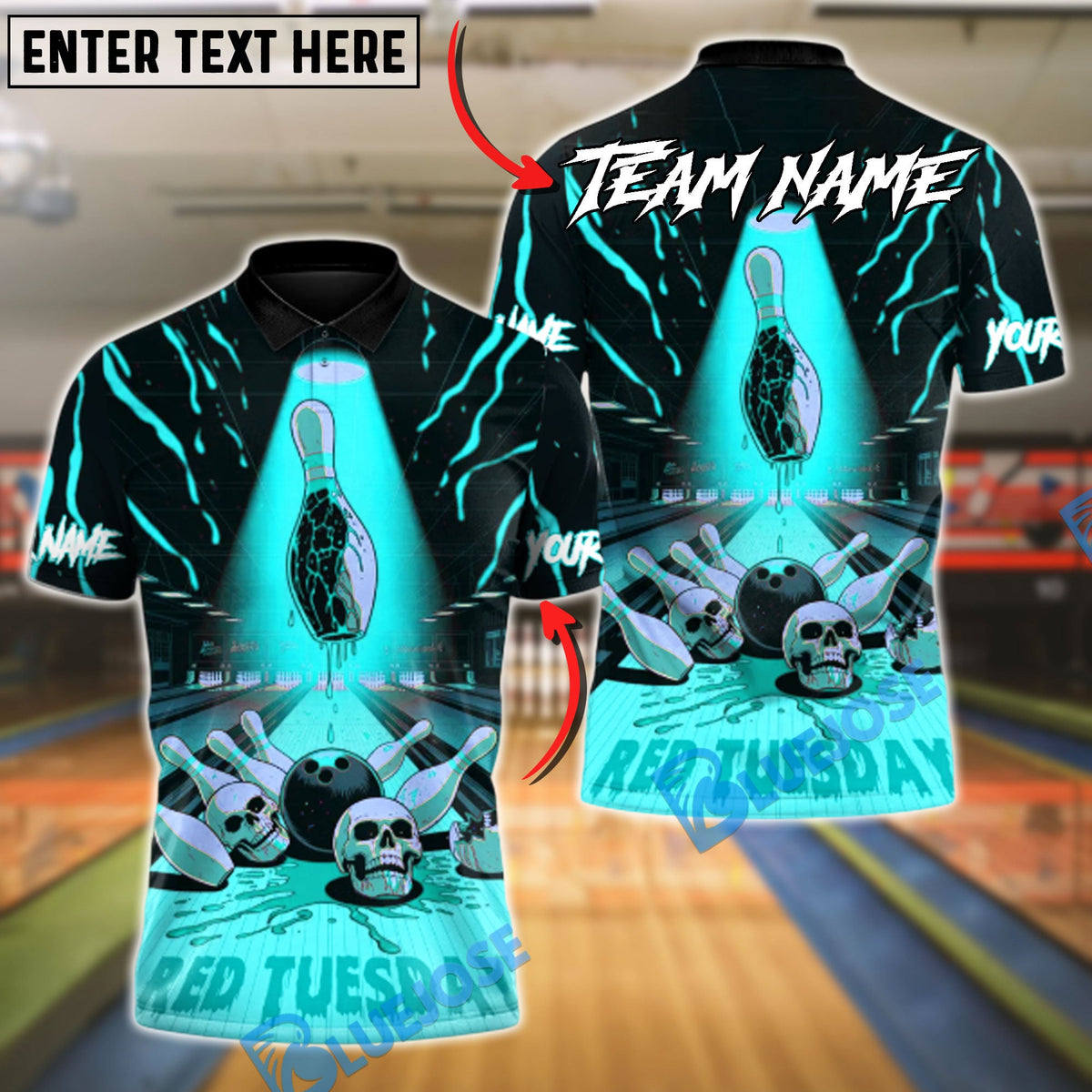 BlueJose Bowling And Pins Red Tuesday Horror Customized Name, Team Name 3D Shirt (4 Colors)
