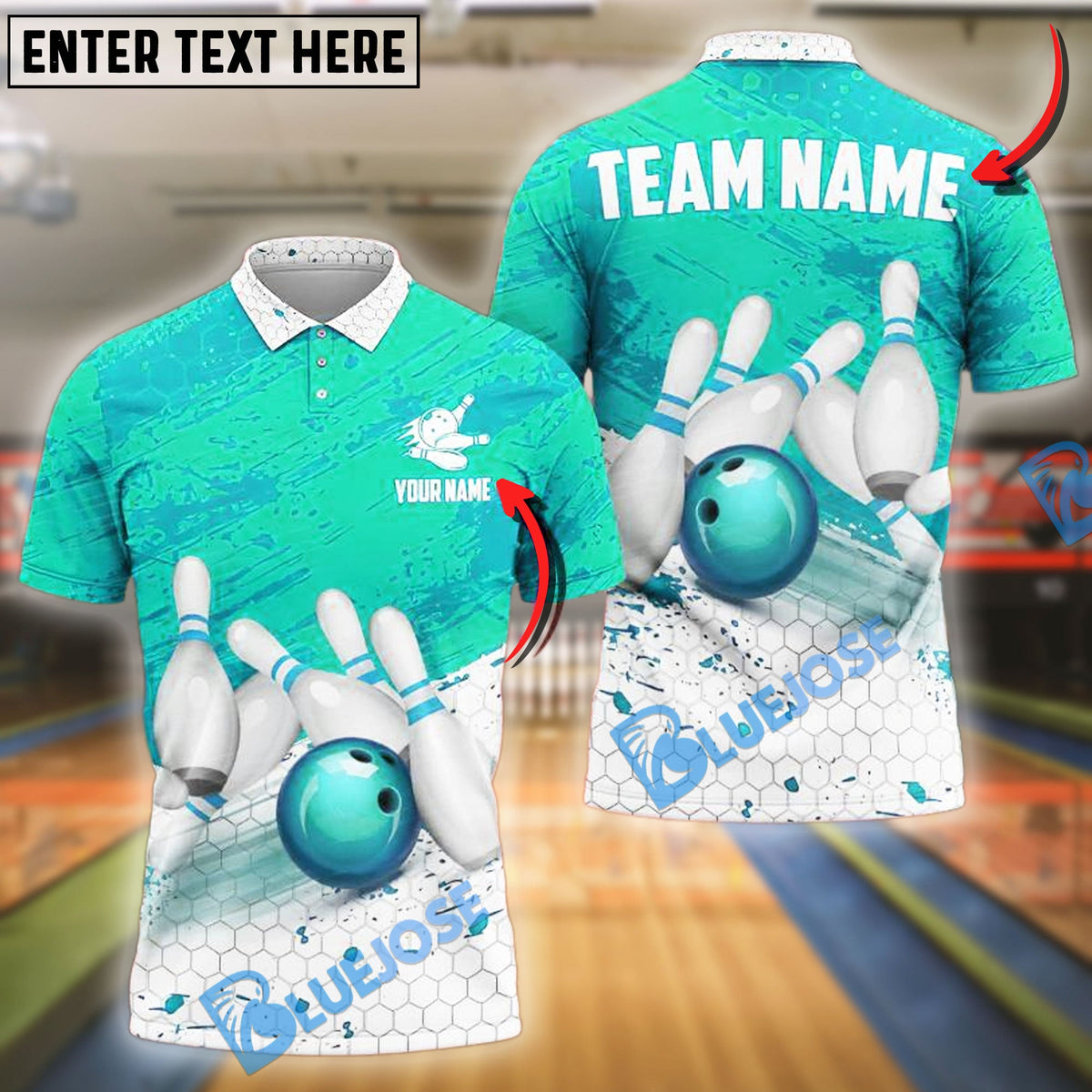 BlueJose Bowling And Pins Hexagon Net Customized Name, Team Name 3D Shirt (4 Colors)