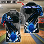 BlueJose Bowling Flaming Ball and Pins Grey Pattern Customized Name, Team Name 3D Shirt (4 Colors)