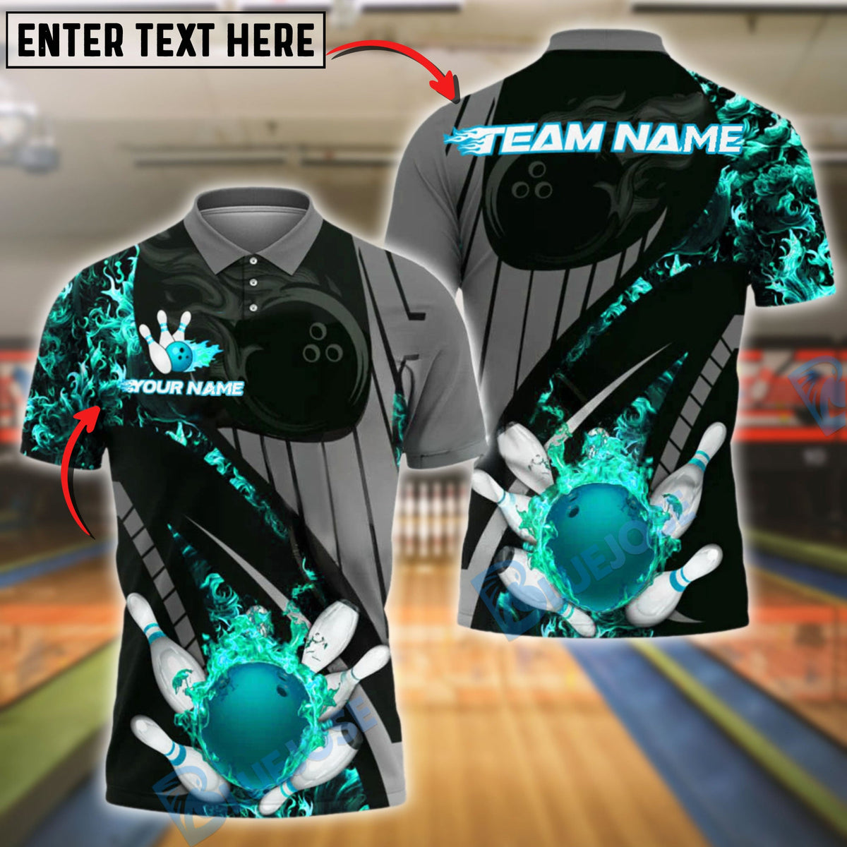 BlueJose Bowling Flaming Ball and Pins Grey Pattern Customized Name, Team Name 3D Shirt (4 Colors)