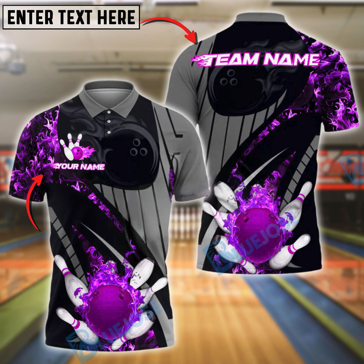 BlueJose Bowling Flaming Ball and Pins Grey Pattern Customized Name, Team Name 3D Shirt (4 Colors)