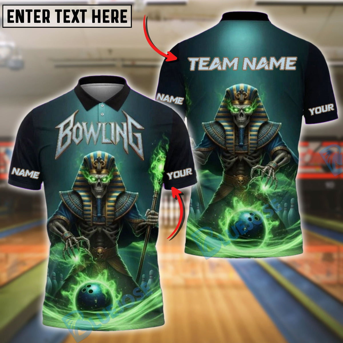 BlueJose Bowling Pharaoh Skeleton Glow Personalized Name, Team Name 3D Shirt