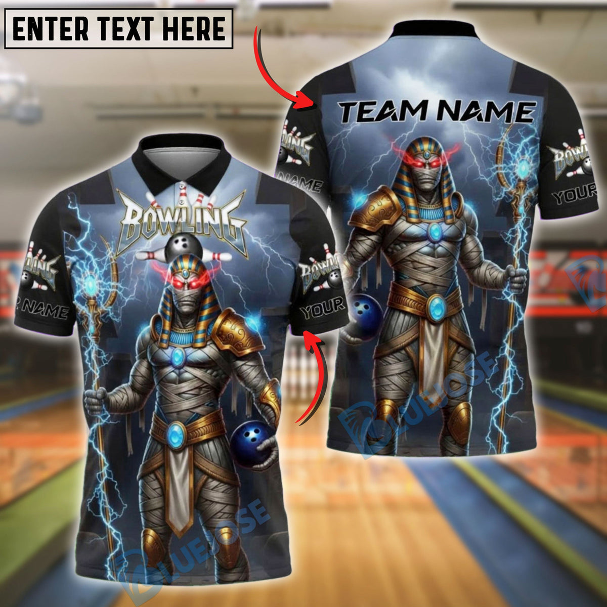 BlueJose Bowling Pharaoh Mummy Lightning Power Personalized Name, Team Name 3D Shirt