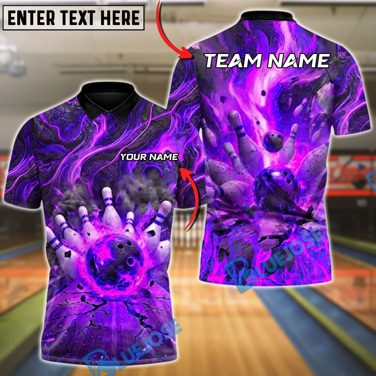 BlueJose Bowling & Pins Blazing Perfect Game Customized Name, Team Name 3D Shirt (4 Colors)