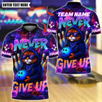 BlueJose Bowling And Pins Never Give Up Cool Cat Customized Name, Team Name 3D Shirt (4 Colors)