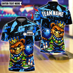 BlueJose Bowling And Pins  King Mardi Gras Teddy Bear Customized Name, Team Name 3D Shirt (4 Colors)