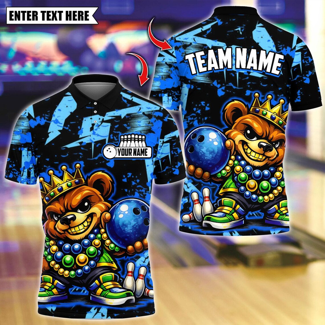 BlueJose Bowling And Pins  King Mardi Gras Teddy Bear Customized Name, Team Name 3D Shirt (4 Colors)