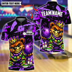 BlueJose Bowling And Pins  King Mardi Gras Teddy Bear Customized Name, Team Name 3D Shirt (4 Colors)