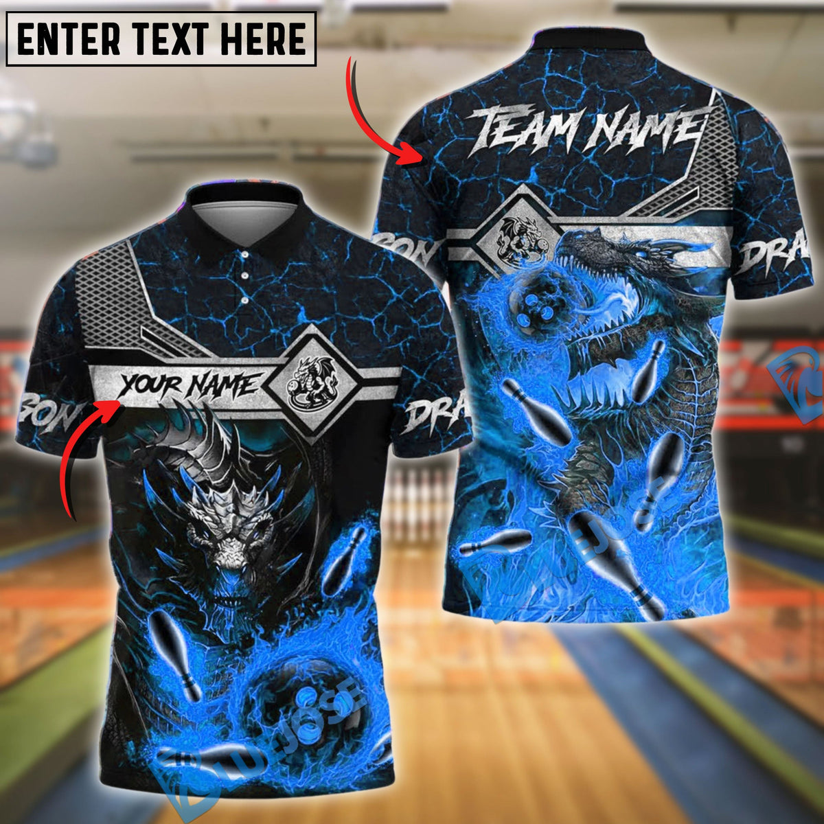 BlueJose Bowling Ball & Pins Fire Dragon Customized Name, Team Name 3D Shirt (4 Colors)