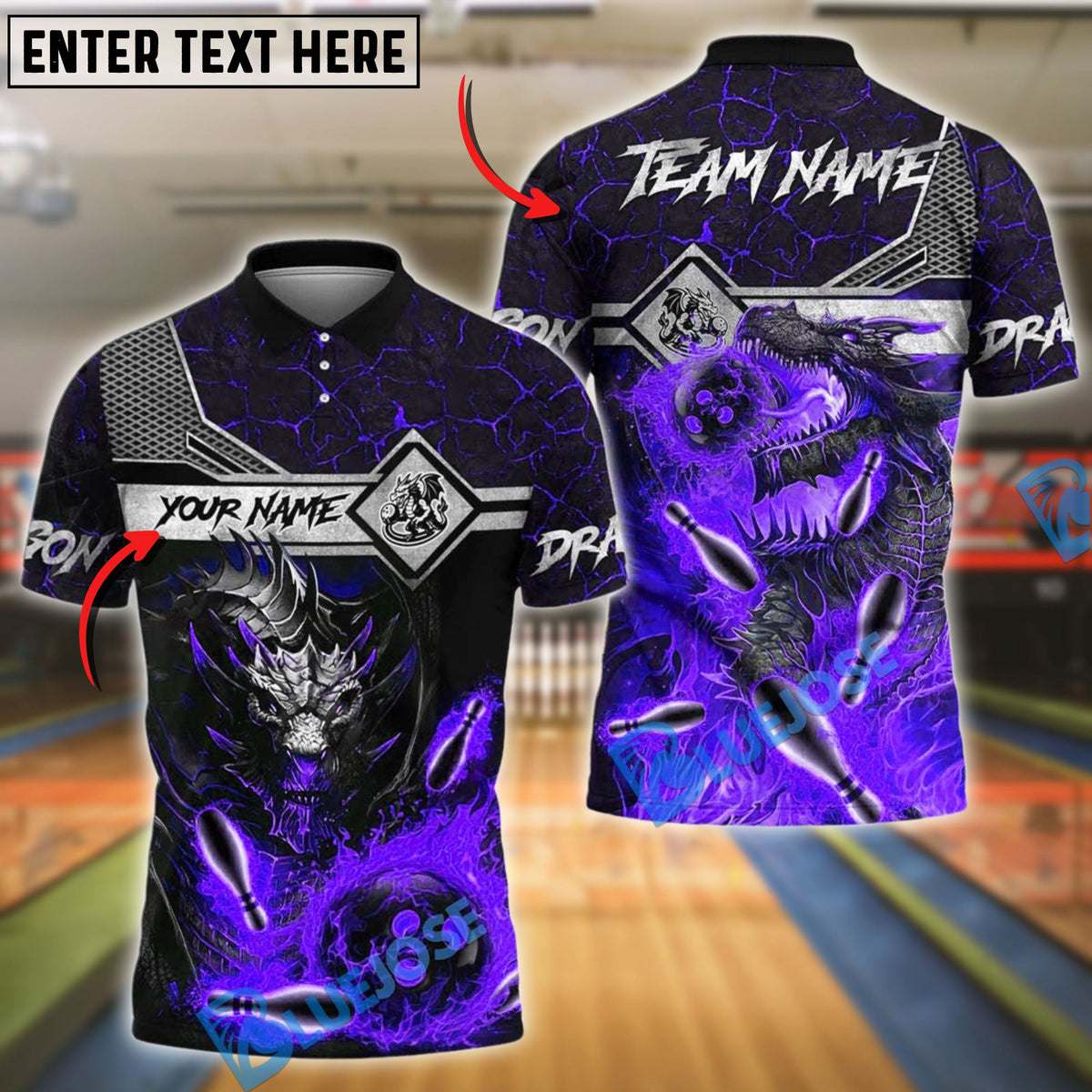 BlueJose Bowling Ball & Pins Fire Dragon Customized Name, Team Name 3D Shirt (4 Colors)