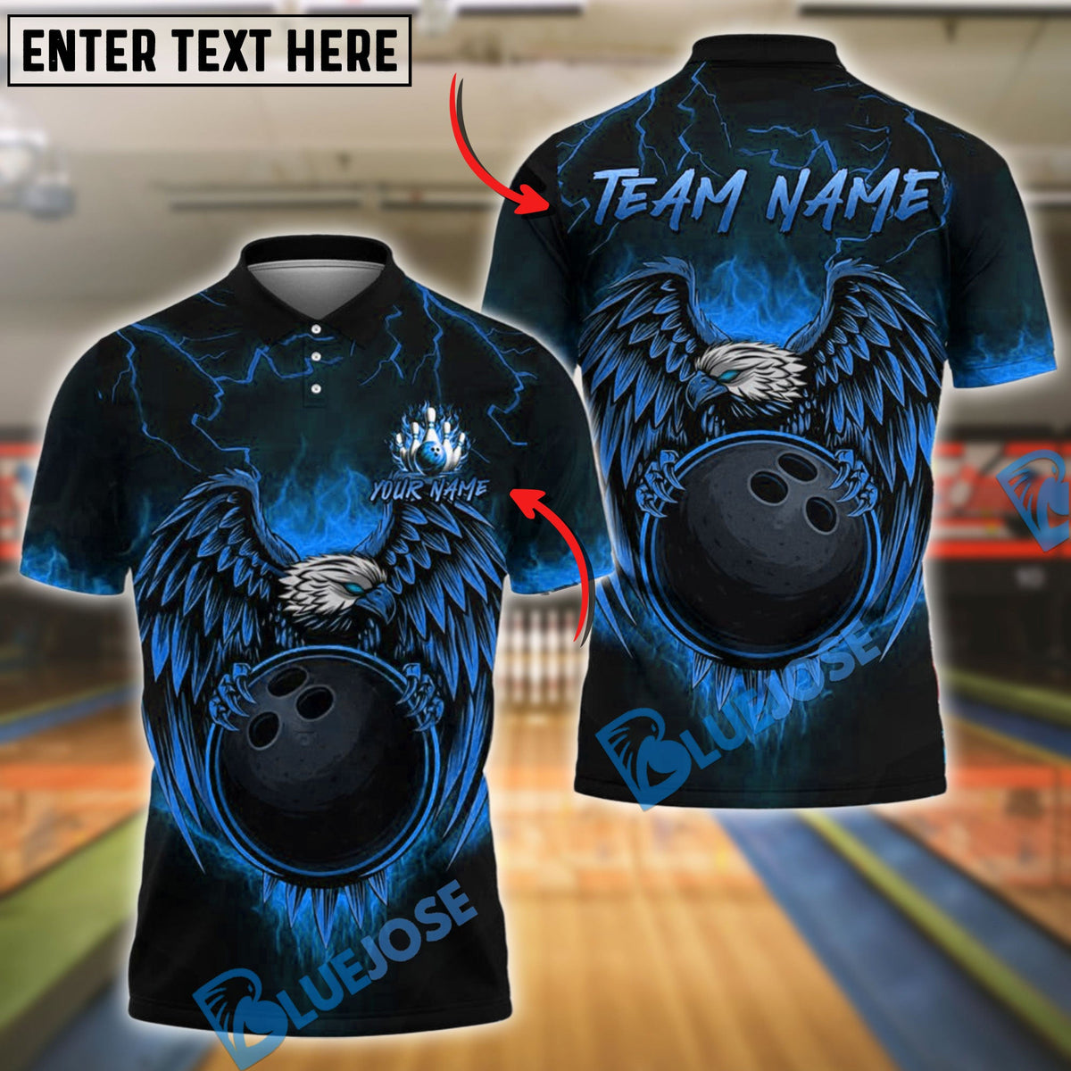BlueJose Bowling Ball & Pins Fire Eagle Fury Customized Name, Team Name 3D Shirt (4 Colors)