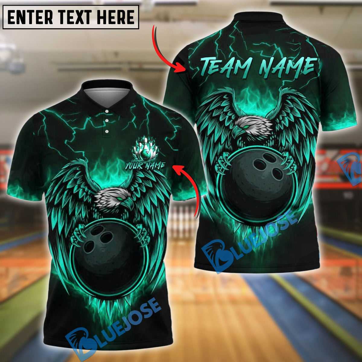 BlueJose Bowling Ball & Pins Fire Eagle Fury Customized Name, Team Name 3D Shirt (4 Colors)
