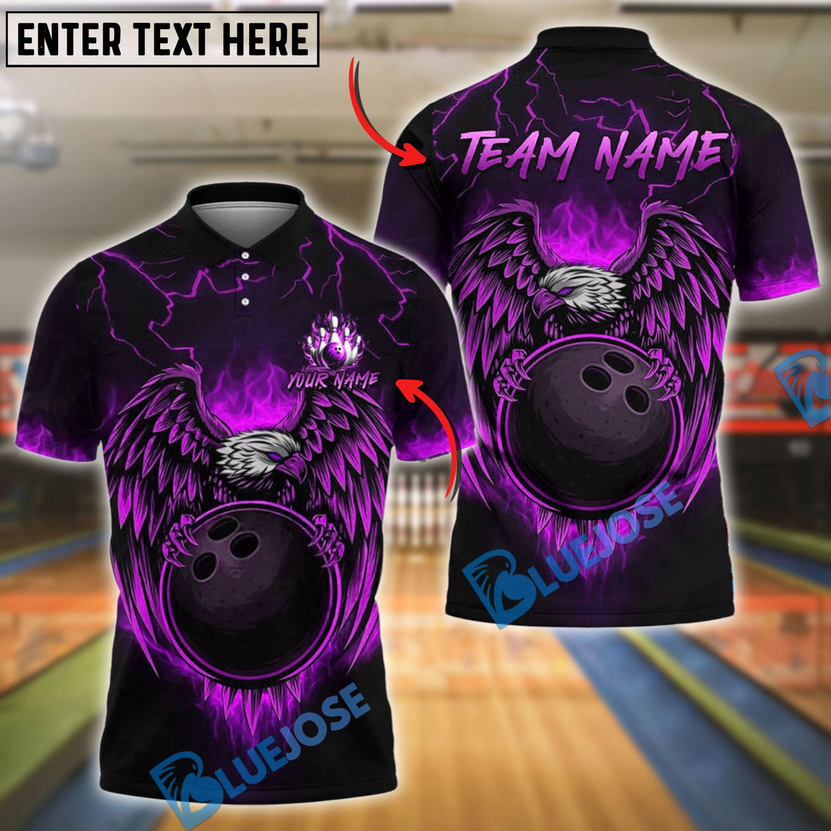 BlueJose Bowling Ball & Pins Fire Eagle Fury Customized Name, Team Name 3D Shirt (4 Colors)