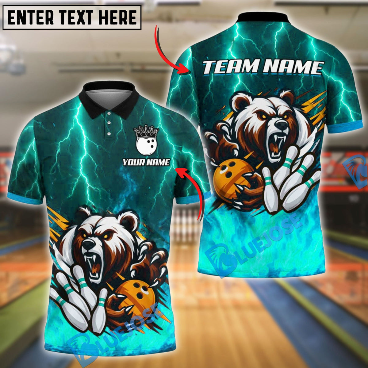 BlueJose Bowling Ball & Pins Thunder Bear Flame Customized Name, Team Name 3D Shirt (4 Colors)