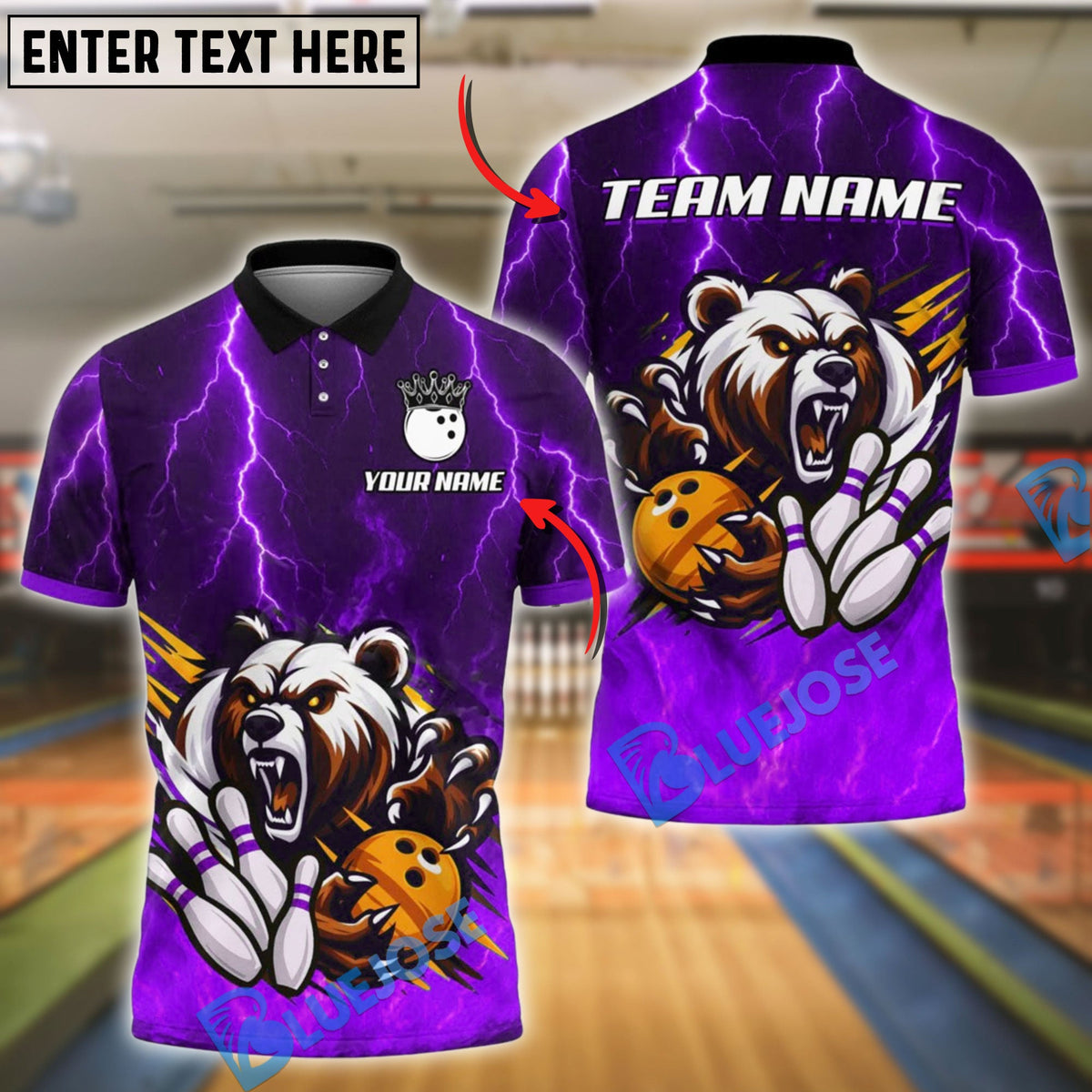 BlueJose Bowling Ball & Pins Thunder Bear Flame Customized Name, Team Name 3D Shirt (4 Colors)
