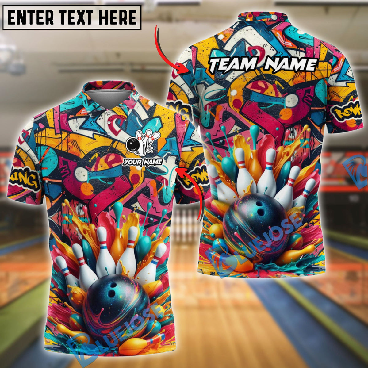 BlueJose Bowling Ball & Pins Graffiti Splash Art Customized Name, Team Name 3D Shirt (4 Colors)