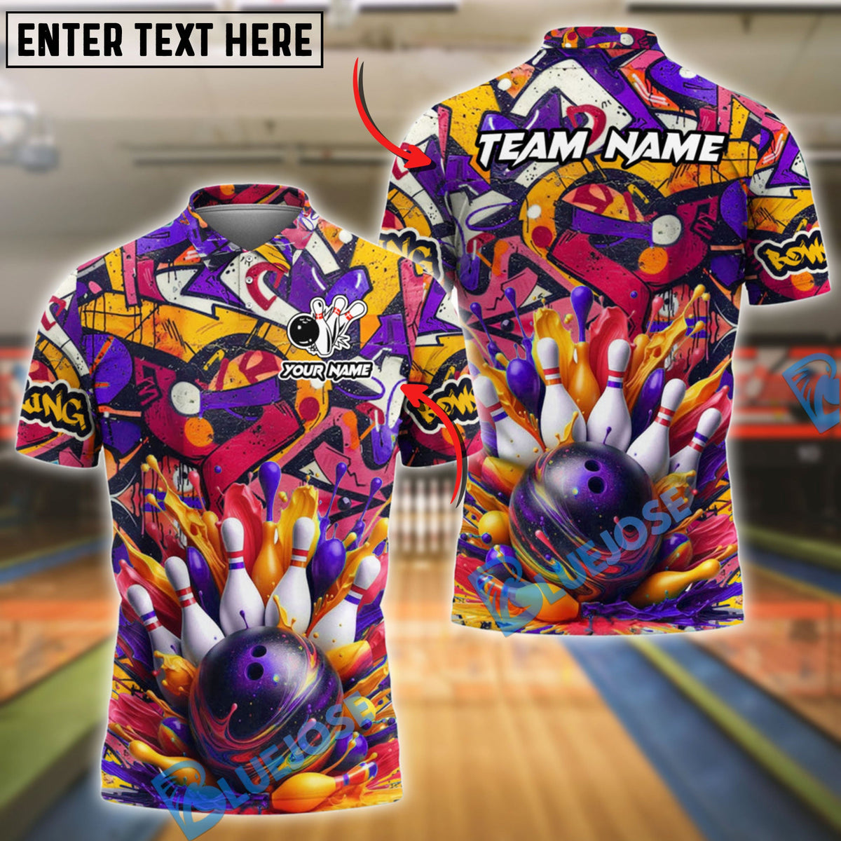 BlueJose Bowling Ball & Pins Graffiti Splash Art Customized Name, Team Name 3D Shirt (4 Colors)