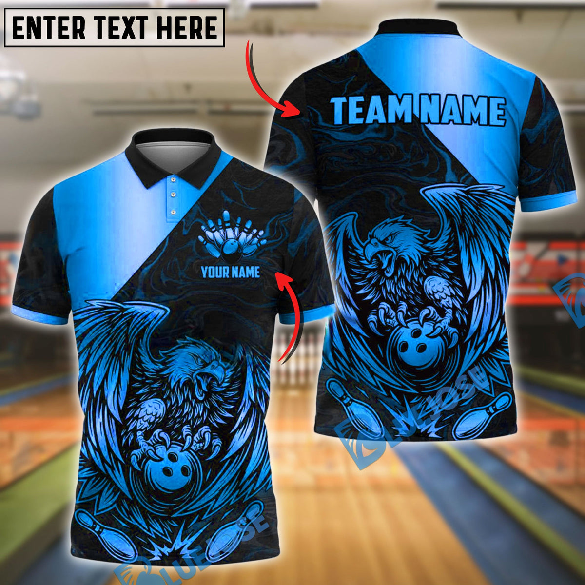 BlueJose Bowling Ball & Pins Golden Eagle Roar Customized Name, Team Name 3D Shirt (4 Colors)
