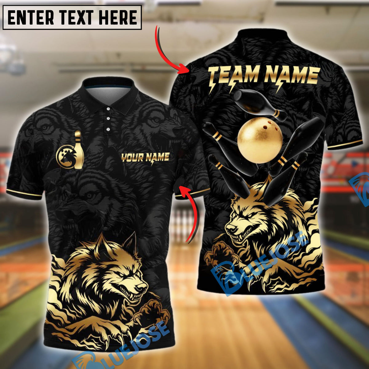 BlueJose Bowling Ball & Pins Wolf Strike Gold Fury Customized Name, Team Name 3D Shirt (4 Colors)