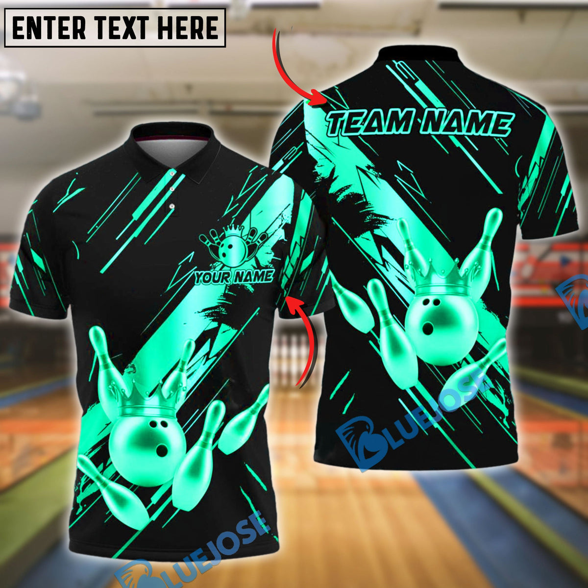 BlueJose Bowling Ball & Pins King Strike Gold Crown Customized Name, Team Name 3D Shirt (4 Colors)