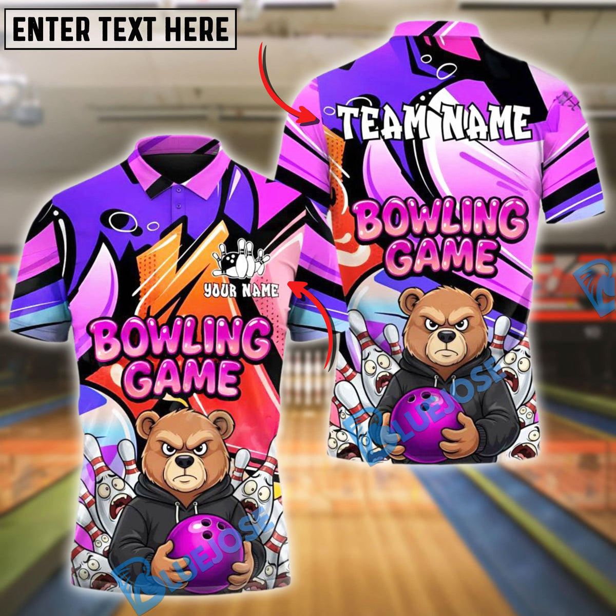 BlueJose Graffiti Bowling Shirt Angry Bear Cartoon Style Customized Name, Team Name 3D Shirt (4 Colors)