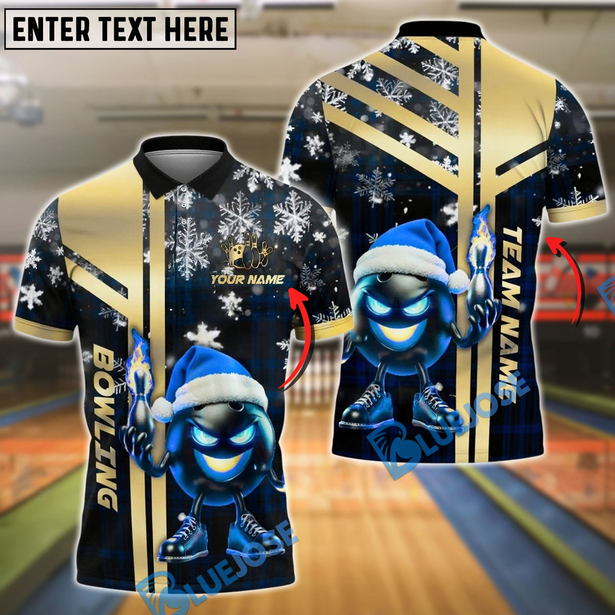BlueJose Bowling And Pins Santa Flame Gold Black Customized Name, Team Name 3D Shirt (4 Colors)