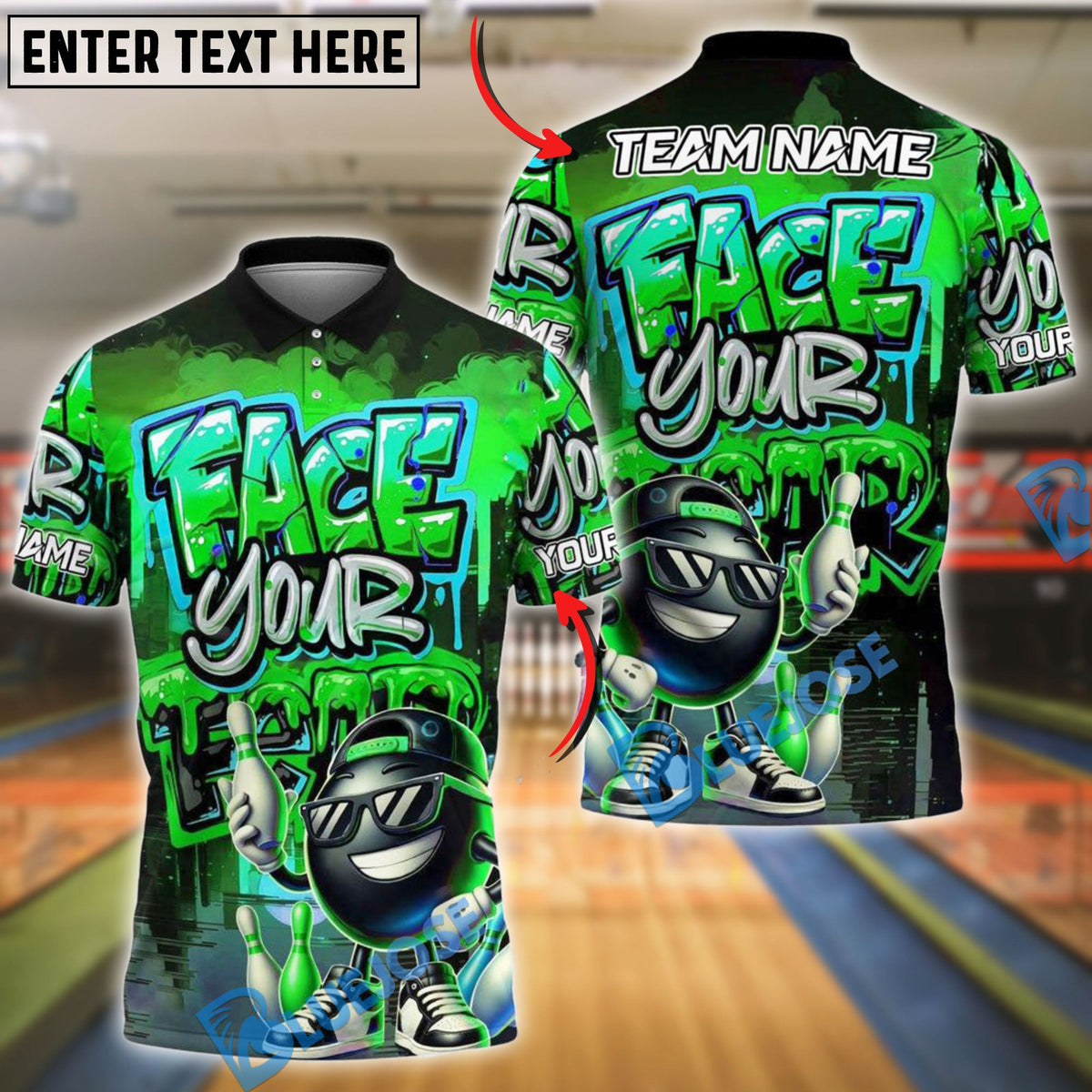 BlueJose Bowling And Pins Face Your Fear Graffiti Pattern Customized Name, Team Name 3D Shirt (4 Colors)