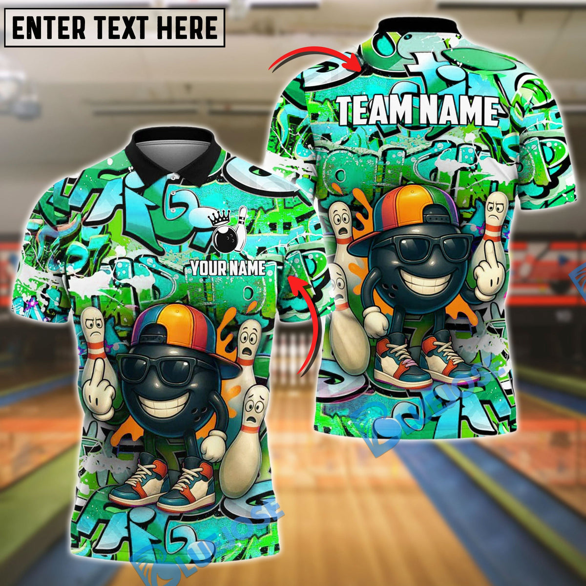 BlueJose Graffiti Bowling Attitude Customized Name, Team Name 3D Shirt (4 Colors)