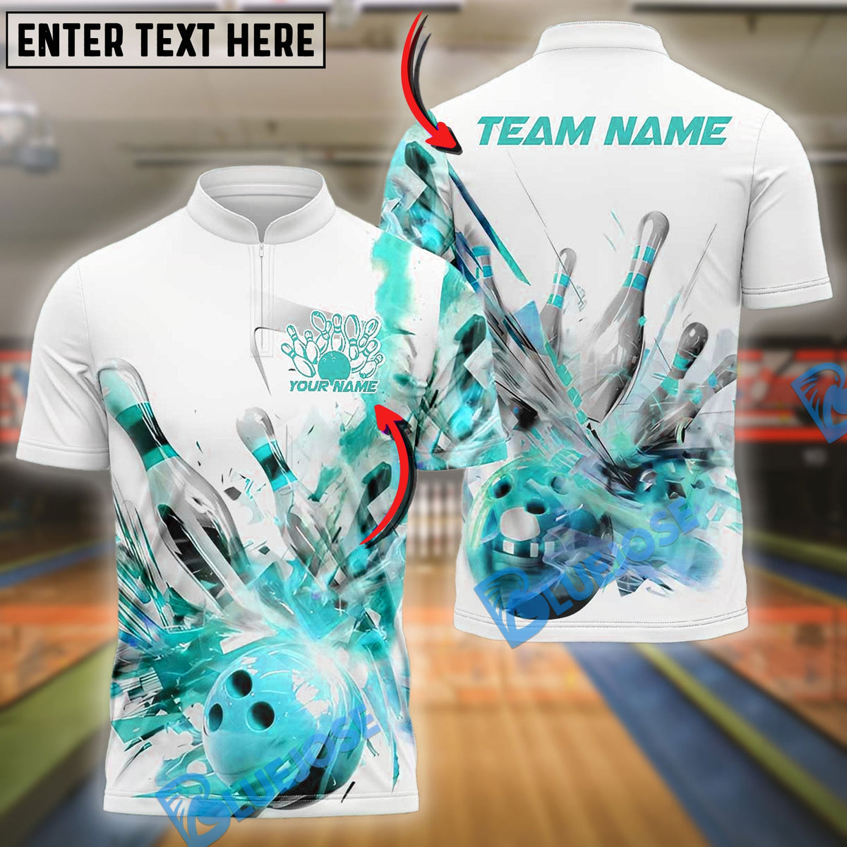 BlueJose Bowling And Pins White Spin Paint Customized Name, Team Name 3D Shirt (4 Colors)