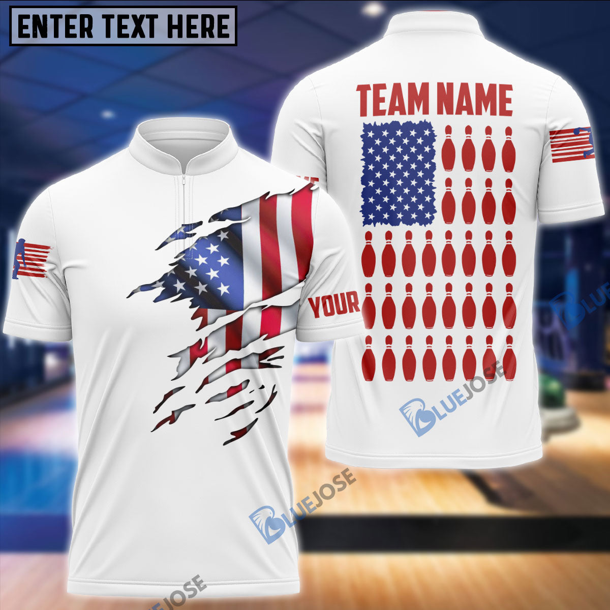 BlueJose White American Flag Bowling Pins Customized Name, Team Name 3D Shirt