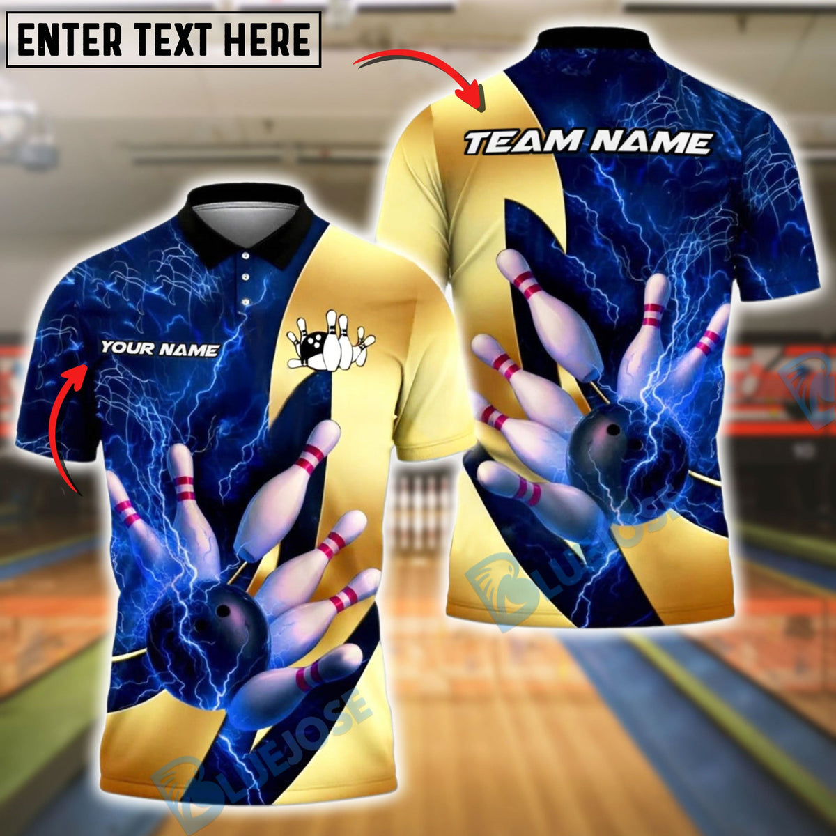 BlueJose Bowling And Pins Thunder Lightning Gold Customized Name, Team Name 3D Shirt (4 Colors) (Copy)