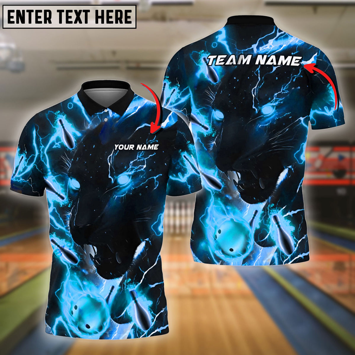BlueJose Bowling And Pins Green Black Lightning Panther Customized Name, Team Name 3D Shirt