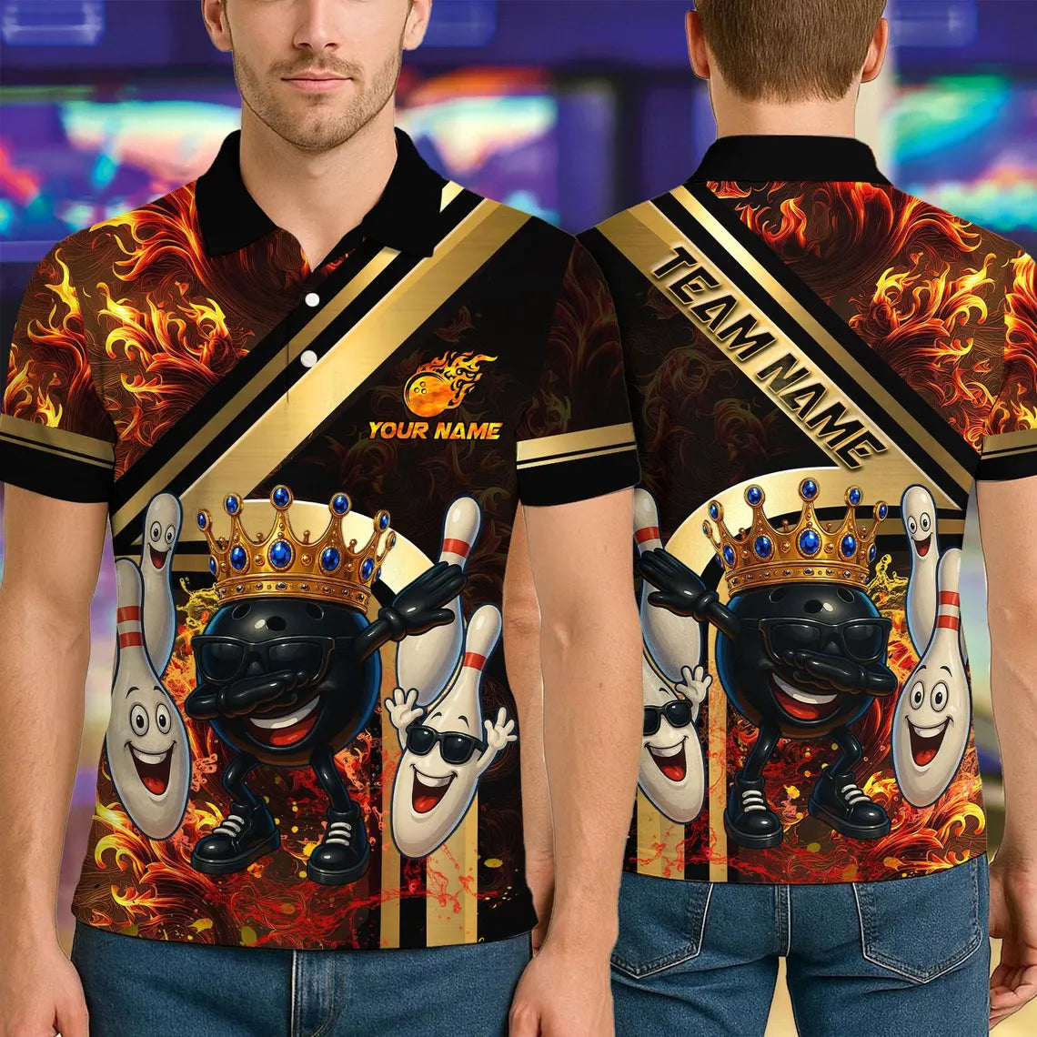 BlueJose Bowling And Pins Royal Fireball Gold Stripe Dab Design Customized Name, Team Name 3D Shirt (4 Colors)