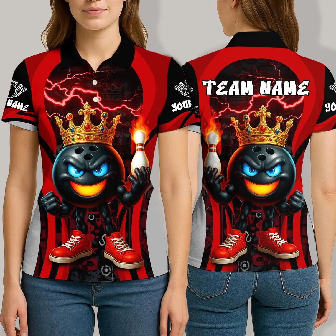 BlueJose Bowling And Pins King Flame Ball Design Customized Name, Team Name 3D Shirt (4 Colors)