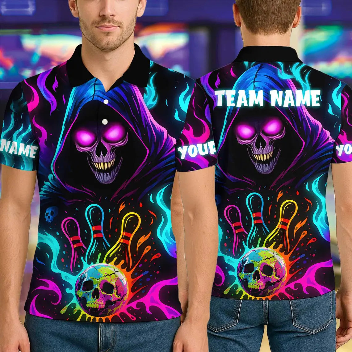 BlueJose Bowling Grim Reaper Neon Flame Ver 2 Personalized Name, Team Name 3D Shirt