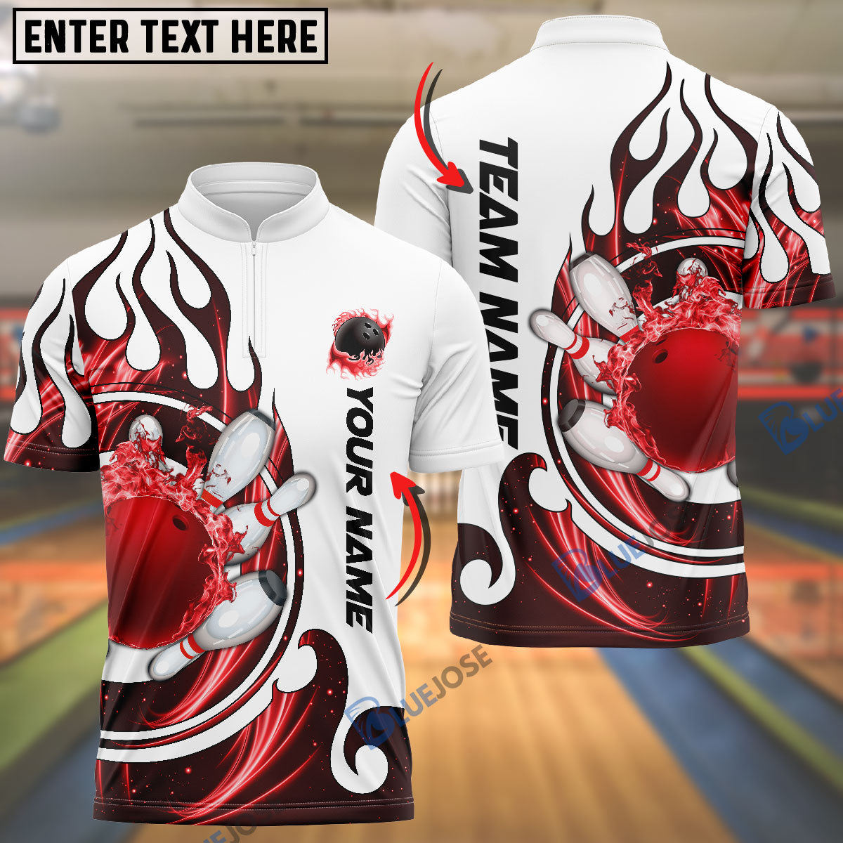 BlueJose Personalized Name and Team Name Fire Color Bowling Player Multicolor Polo Shirt