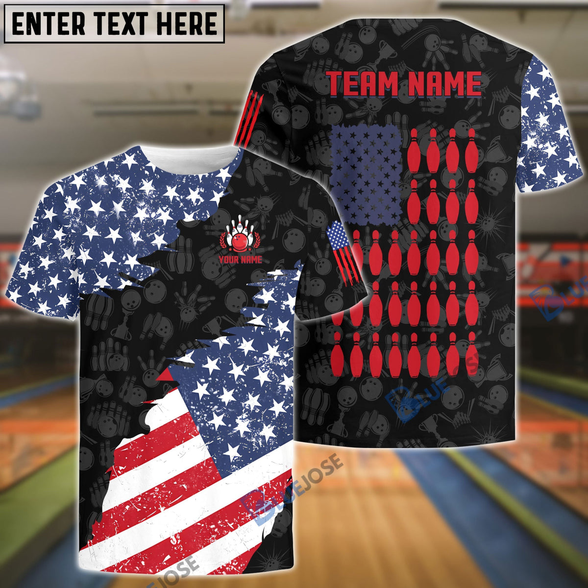 BlueJose Bowling And Pins US Flag Bowling Pattern Customized Name, Team Name 3D Shirt (Black & White)