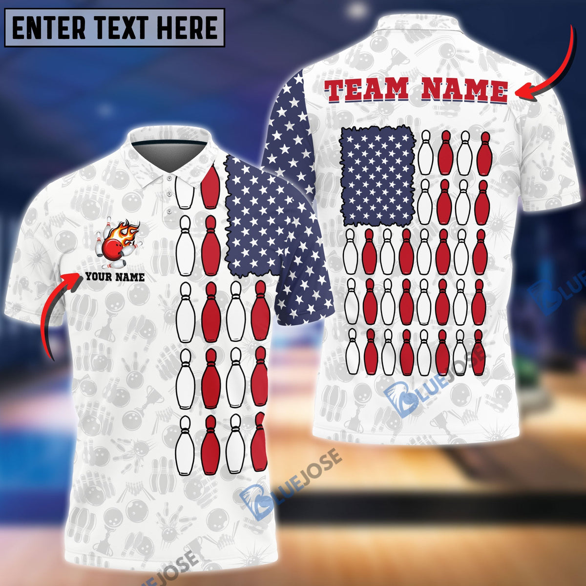 BlueJose Bowling US Flag Shoulder Customized Name, Team Name 3D Shirt (Black & White)