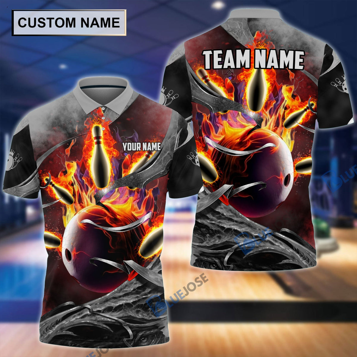 BlueJose Fire Gray Bowling and Pins Personalized Name Team Name 3D Shirt